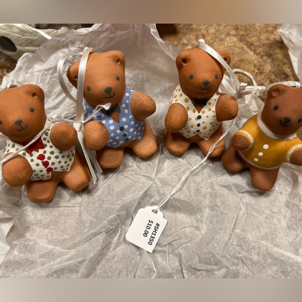 Set of 4 Handmade Barbara Carpenter Terra Cotta Teddy Bear Christmas Ornaments